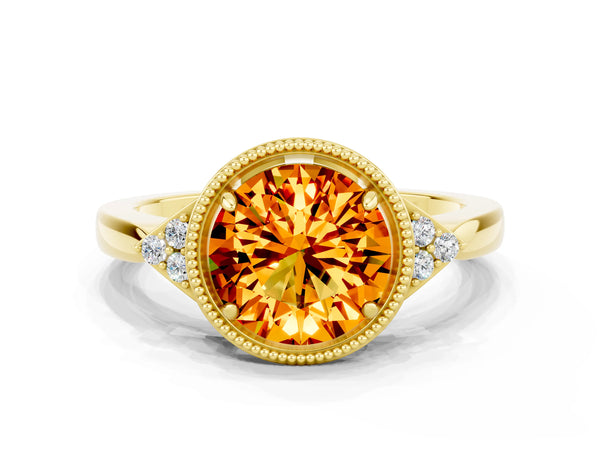 Yellow gold Round Cut Citrine Halo Ring with Tapered Band and Four-Prong Setting