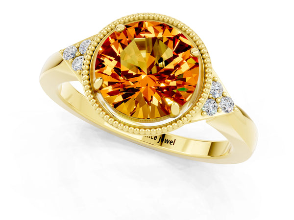 Yellow gold Round Cut Citrine Halo Ring with Tapered Band and Four-Prong Setting