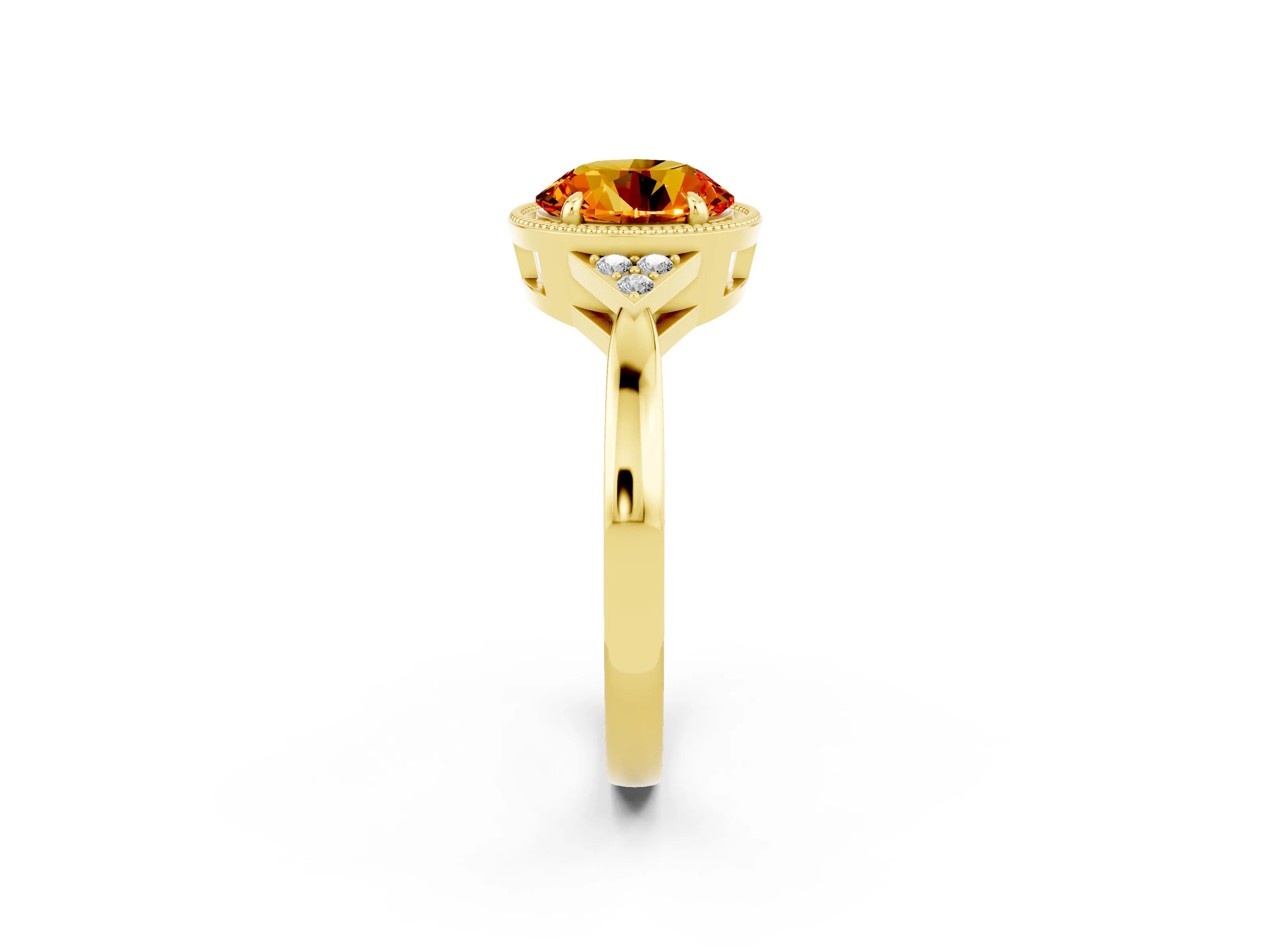 Yellow gold Round Cut Citrine Halo Ring with Tapered Band and Four-Prong Setting_2