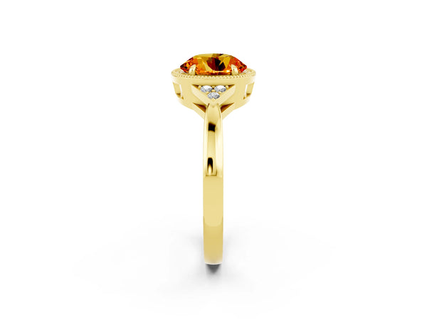 Yellow gold Round Cut Citrine Halo Ring with Tapered Band and Four-Prong Setting