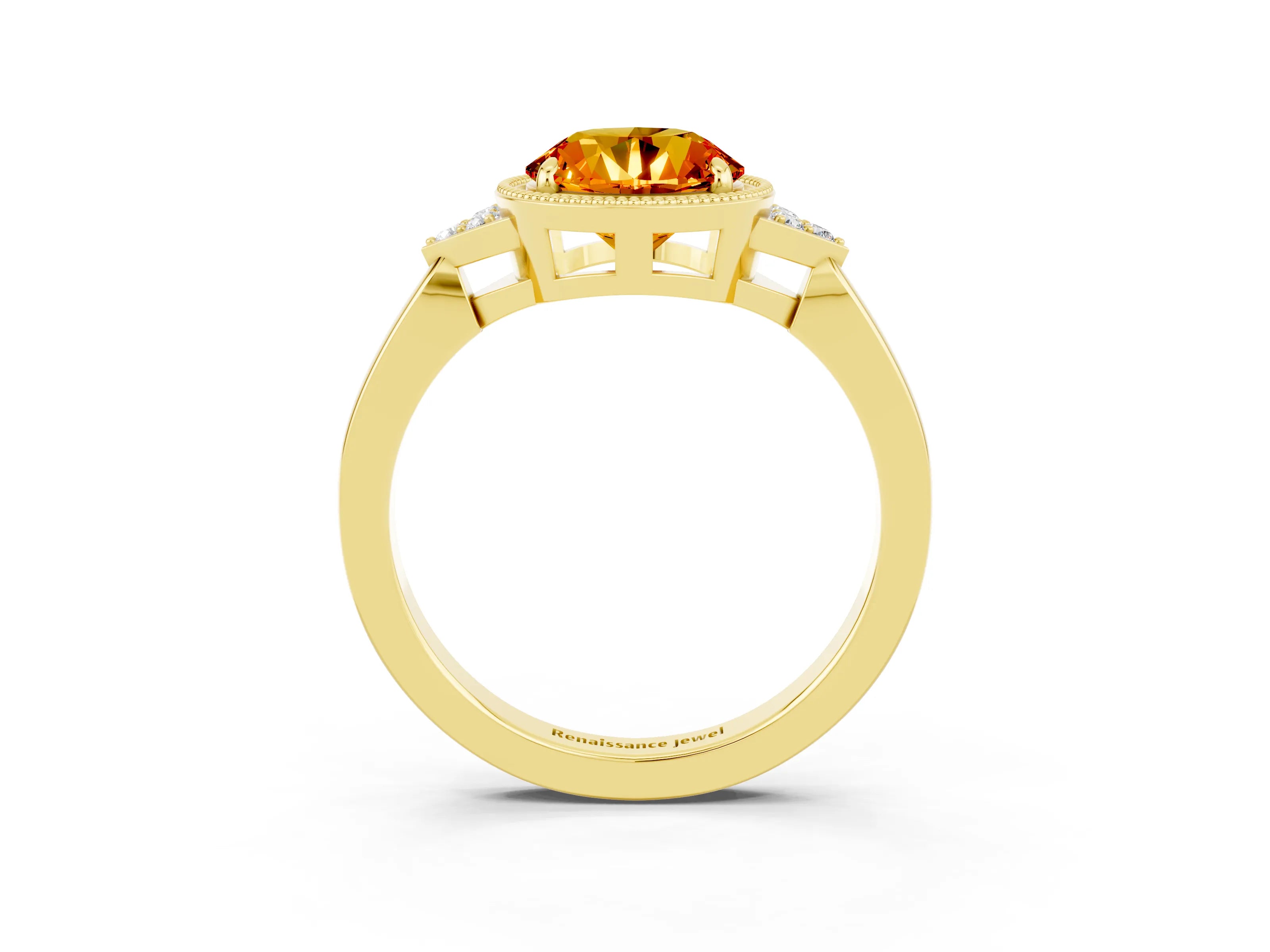 Yellow gold Round Cut Citrine Halo Ring with Tapered Band and Four-Prong Setting_3