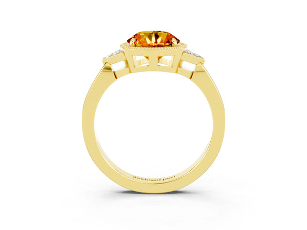 Yellow gold Round Cut Citrine Halo Ring with Tapered Band and Four-Prong Setting