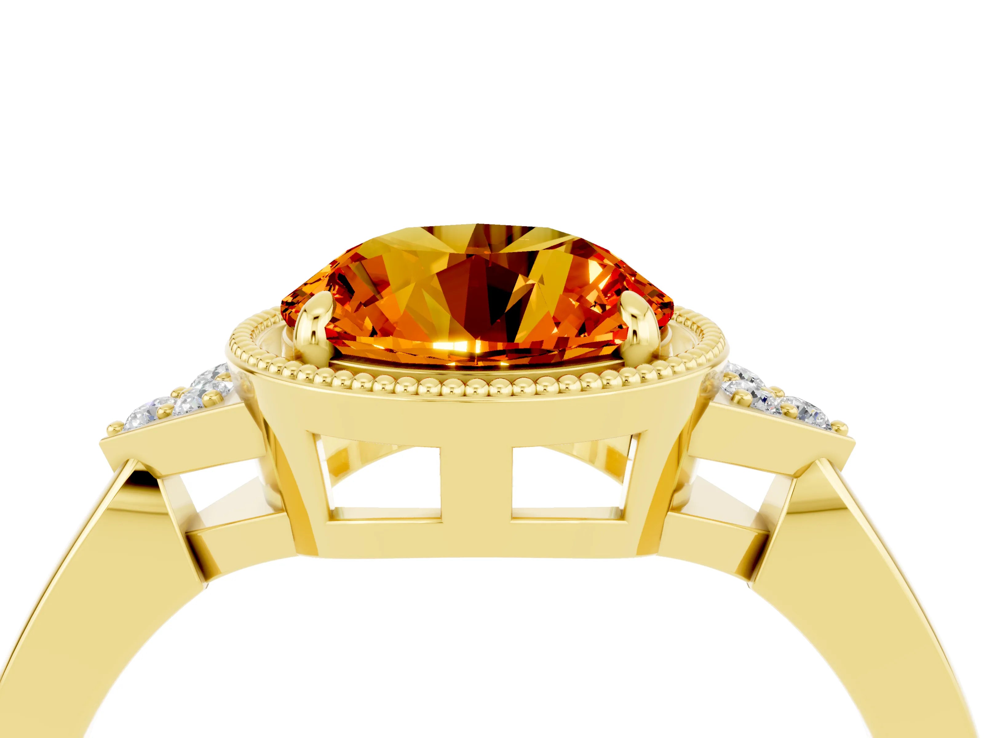 Yellow gold Round Cut Citrine Halo Ring with Tapered Band and Four-Prong Setting_4