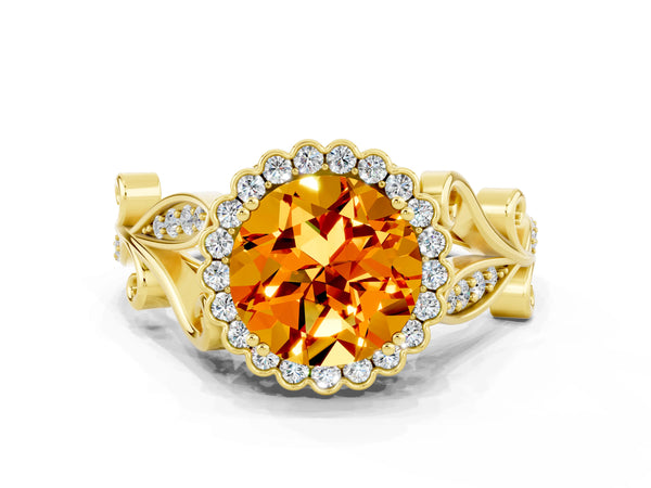 Yellow gold Round Cut Citrine Halo Ring with Vintage Split Shank and Four-Prong Setting