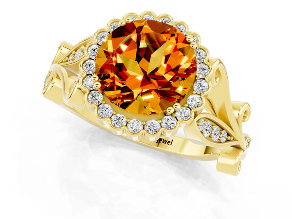 Yellow gold Round Cut Citrine Halo Ring with Vintage Split Shank and Four-Prong Setting