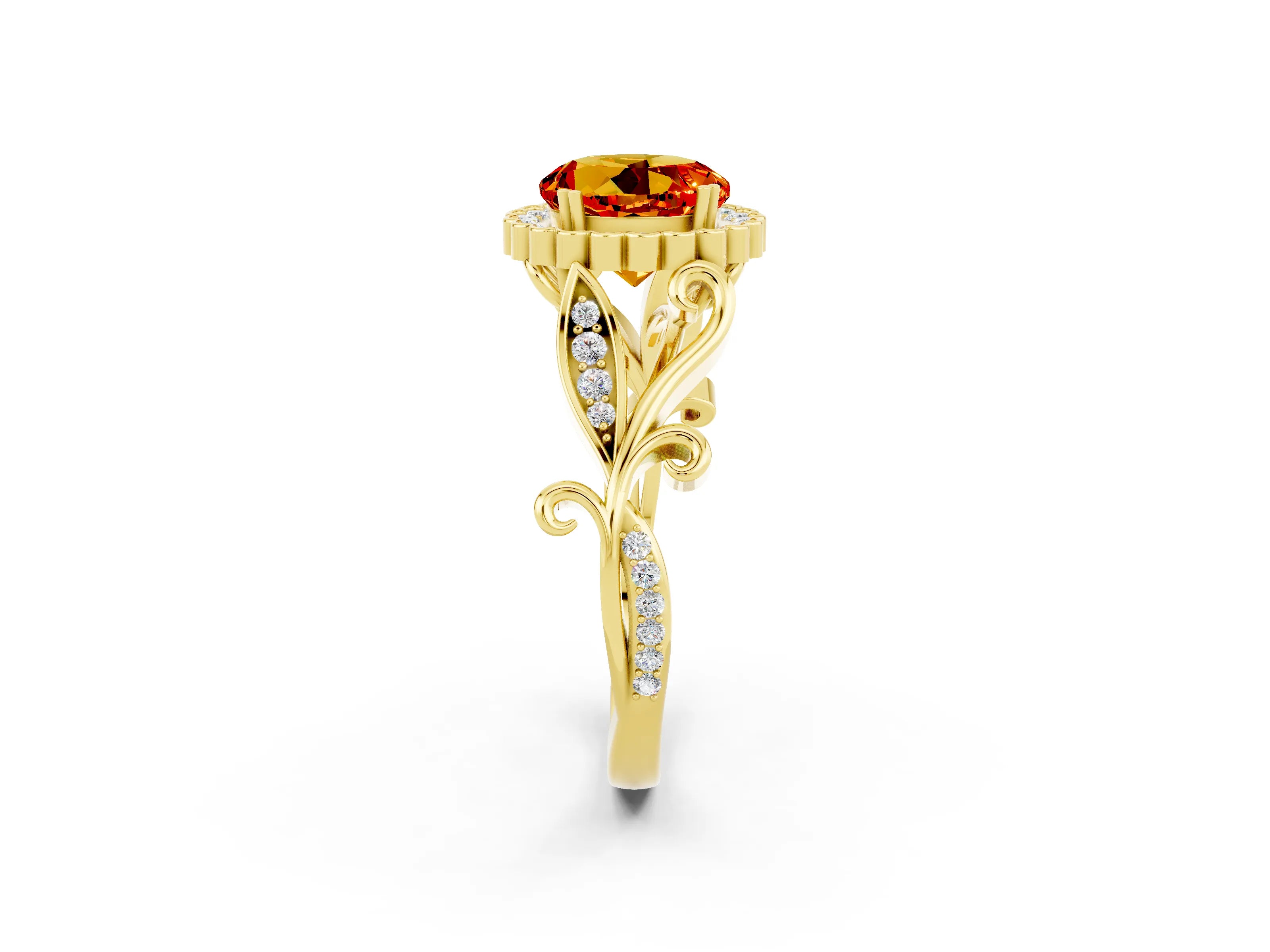 Yellow gold Round Cut Citrine Halo Ring with Vintage Split Shank and Four-Prong Setting_21