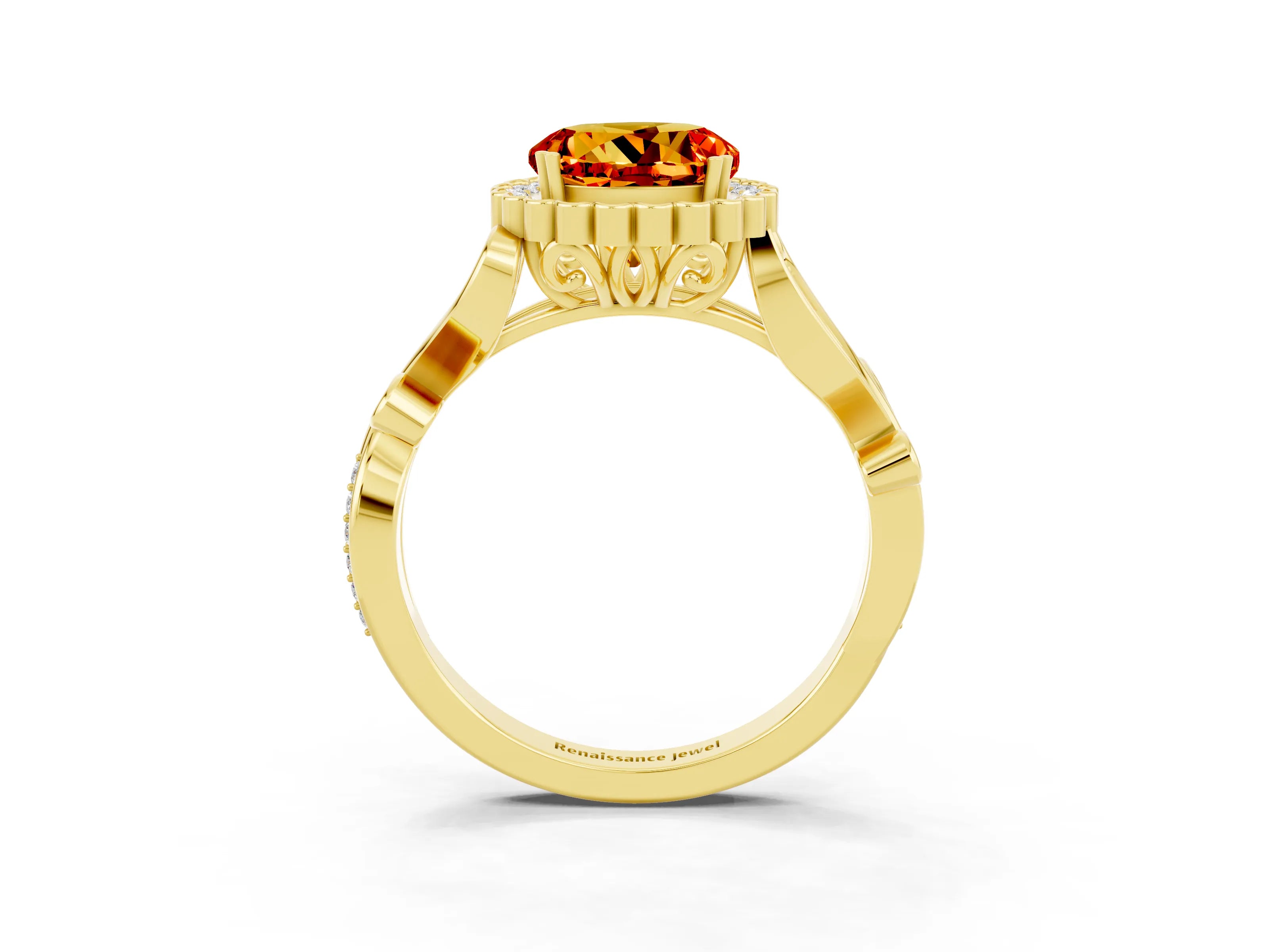 Yellow gold Round Cut Citrine Halo Ring with Vintage Split Shank and Four-Prong Setting_22