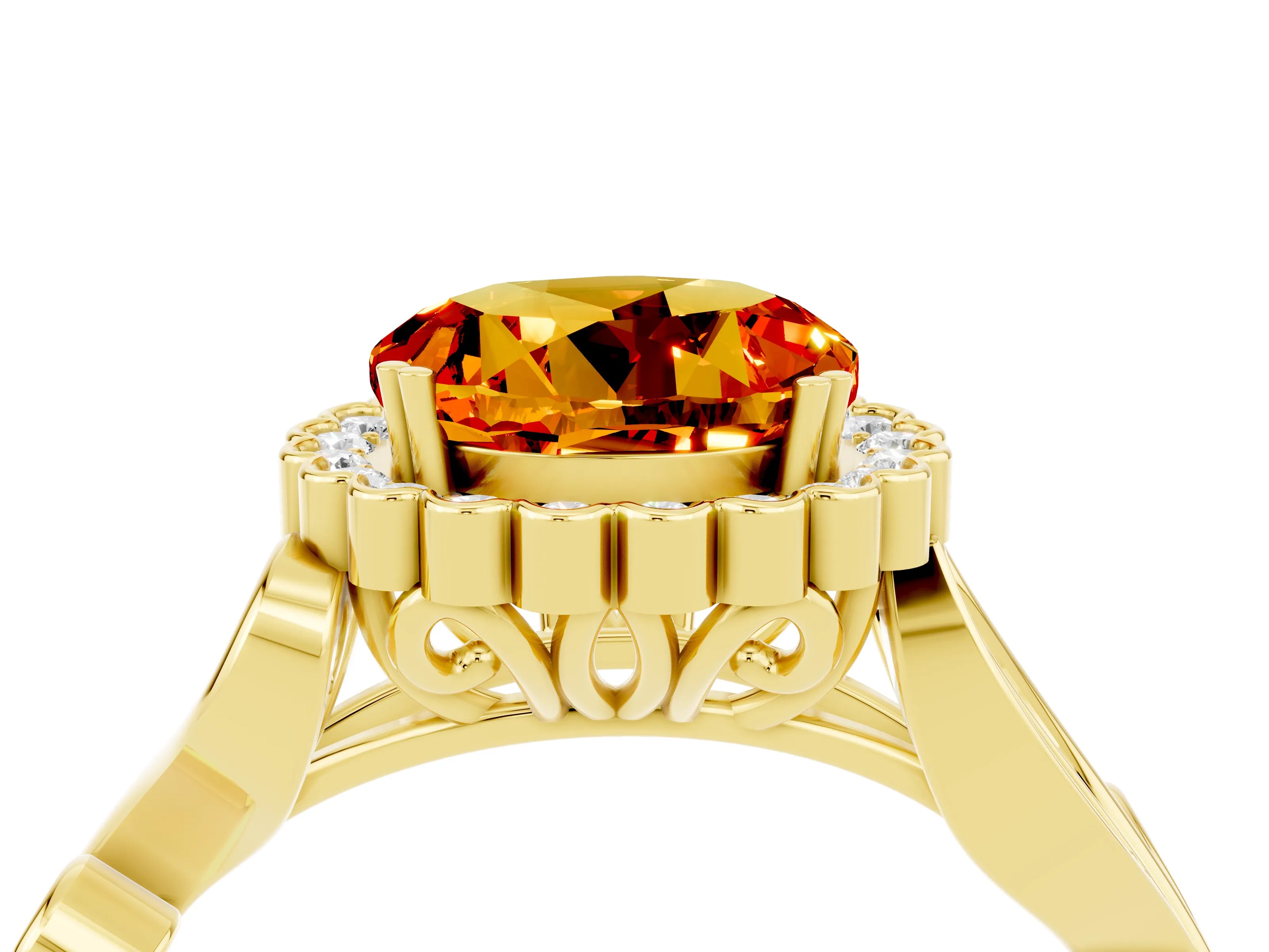 Yellow gold Round Cut Citrine Halo Ring with Vintage Split Shank and Four-Prong Setting_23