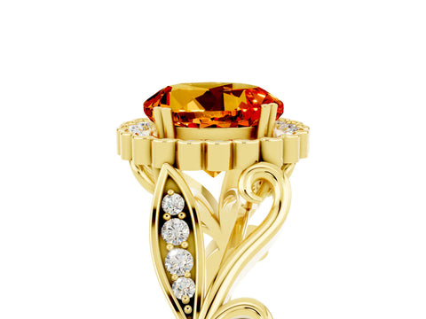 Yellow gold Round Cut Citrine Halo Ring with Vintage Split Shank and Four-Prong Setting_24