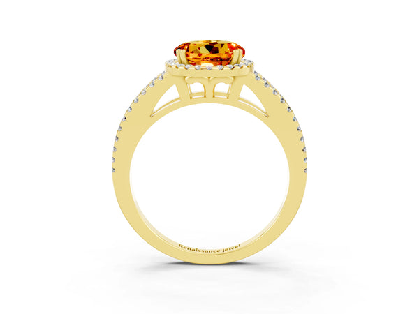 Yellow gold Round Cut Citrine Halo Split Shank Engagement Ring
