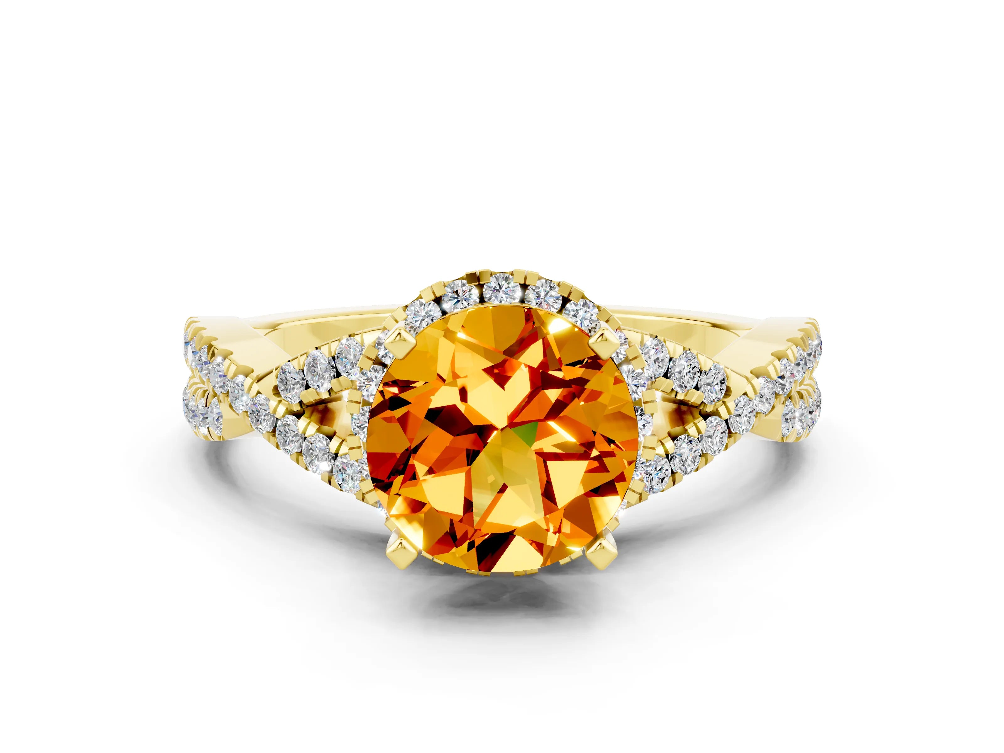 Yellow gold Round Cut Citrine Halo Twist Band Solitaire Prong Setting Ring
