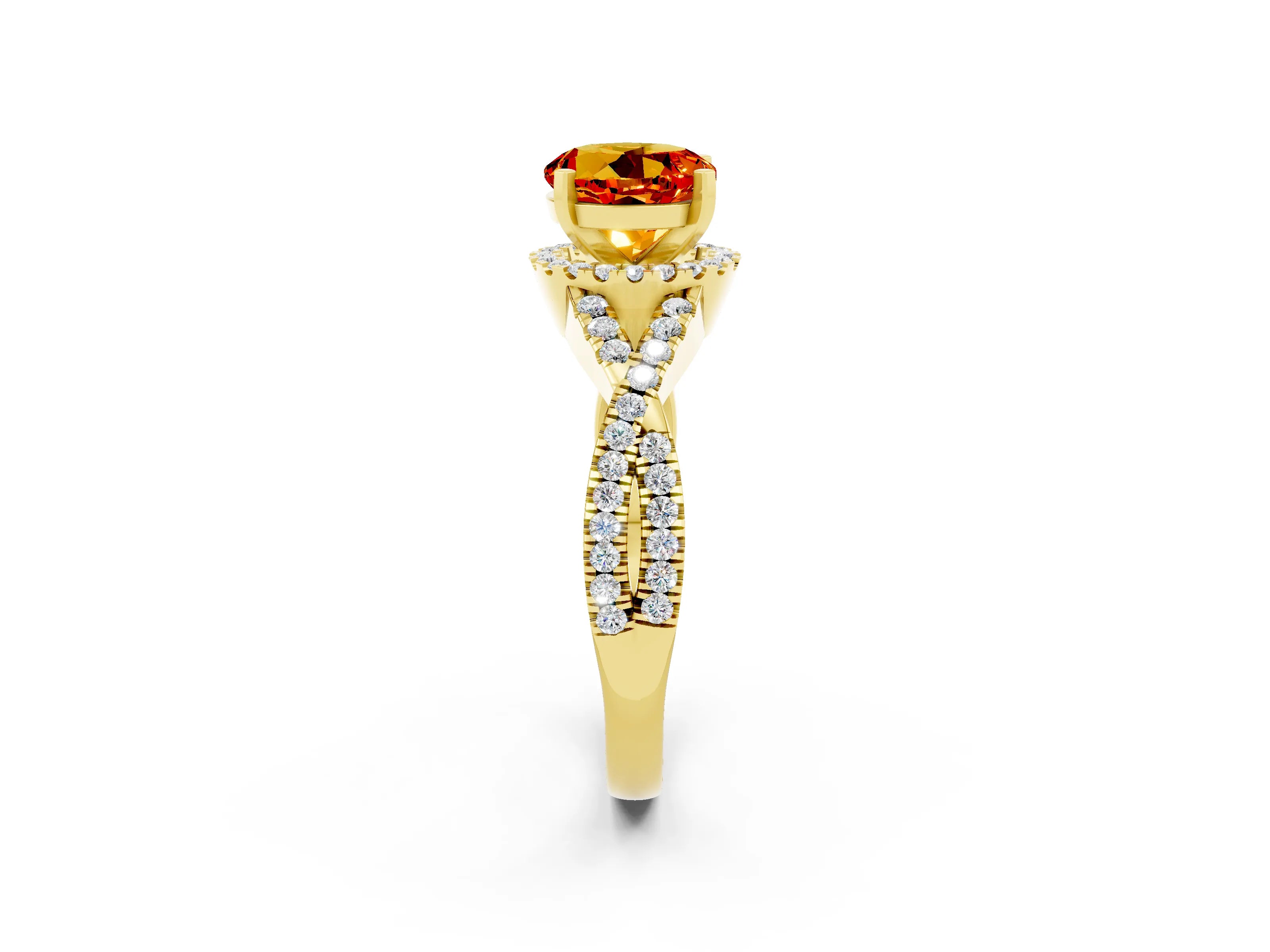 Yellow gold Round Cut Citrine Halo Twist Band Solitaire Prong Setting Ring_2