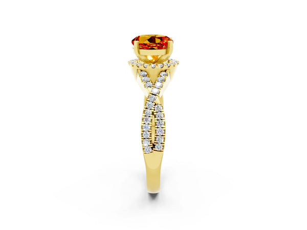 Yellow gold Round Cut Citrine  Halo Twist Band Solitaire Prong Setting Ring