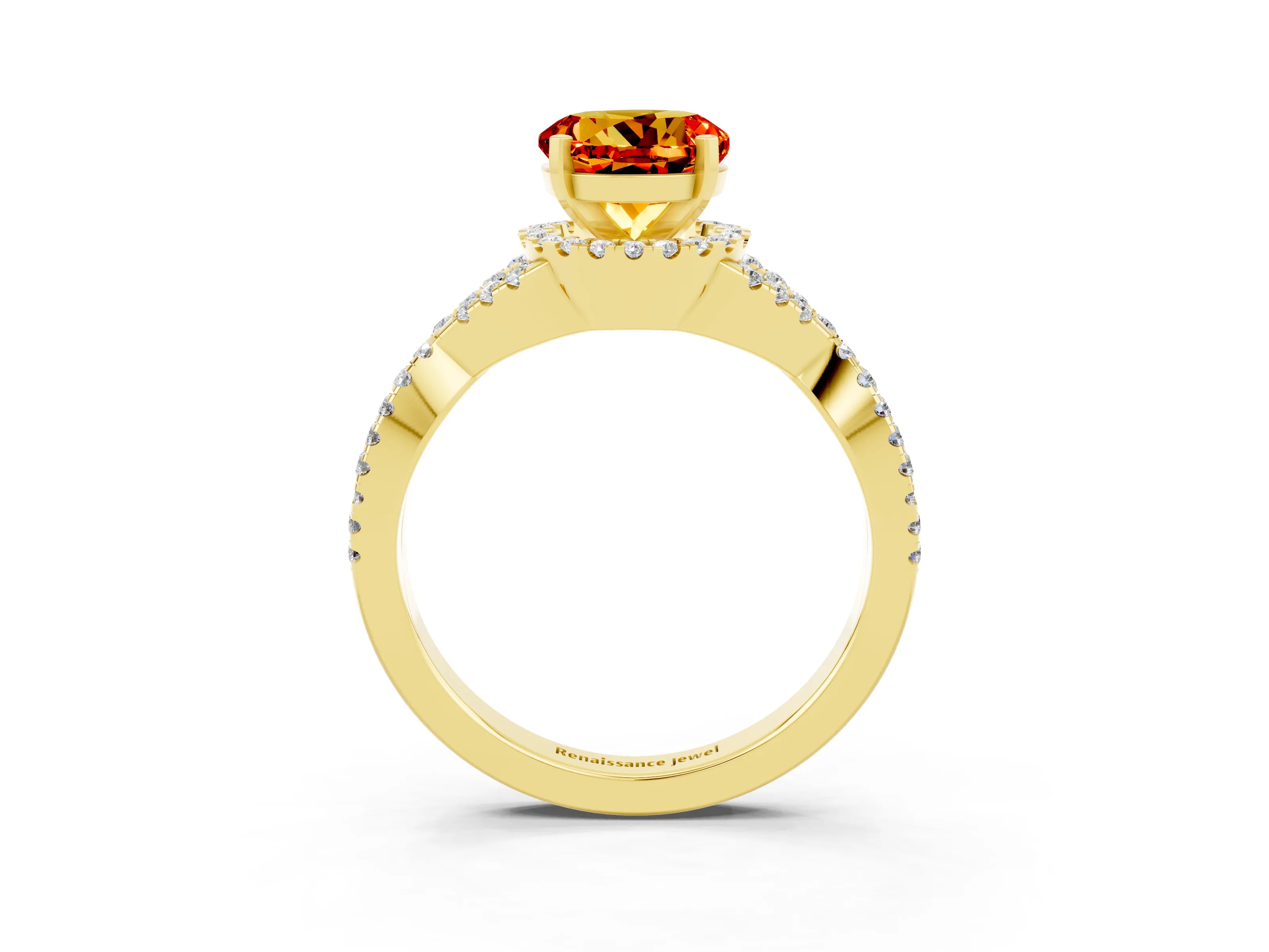 Yellow gold Round Cut Citrine Halo Twist Band Solitaire Prong Setting Ring_3