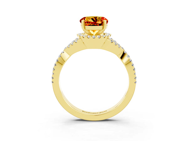 Yellow gold Round Cut Citrine  Halo Twist Band Solitaire Prong Setting Ring
