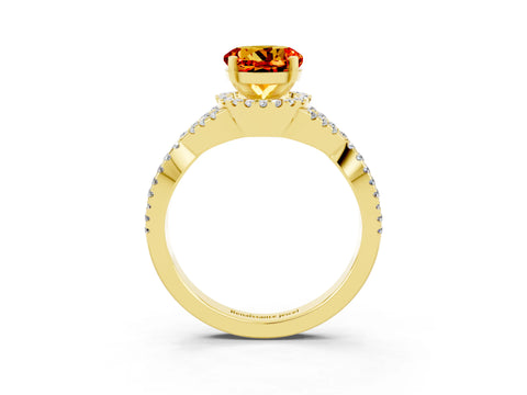 Yellow gold Round Cut Citrine Halo Twist Band Solitaire Prong Setting Ring_3