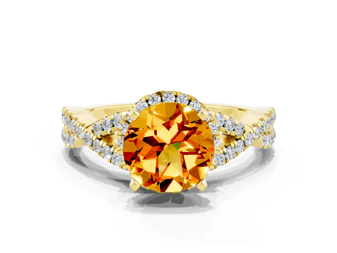 Yellow gold Round Cut Citrine  Halo Twist Band Solitaire Prong Setting Ring_42