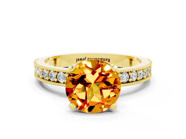 Yellow gold Round Cut Citrine Milgrain Pavé Engagement Ring with Four-Prong Setting