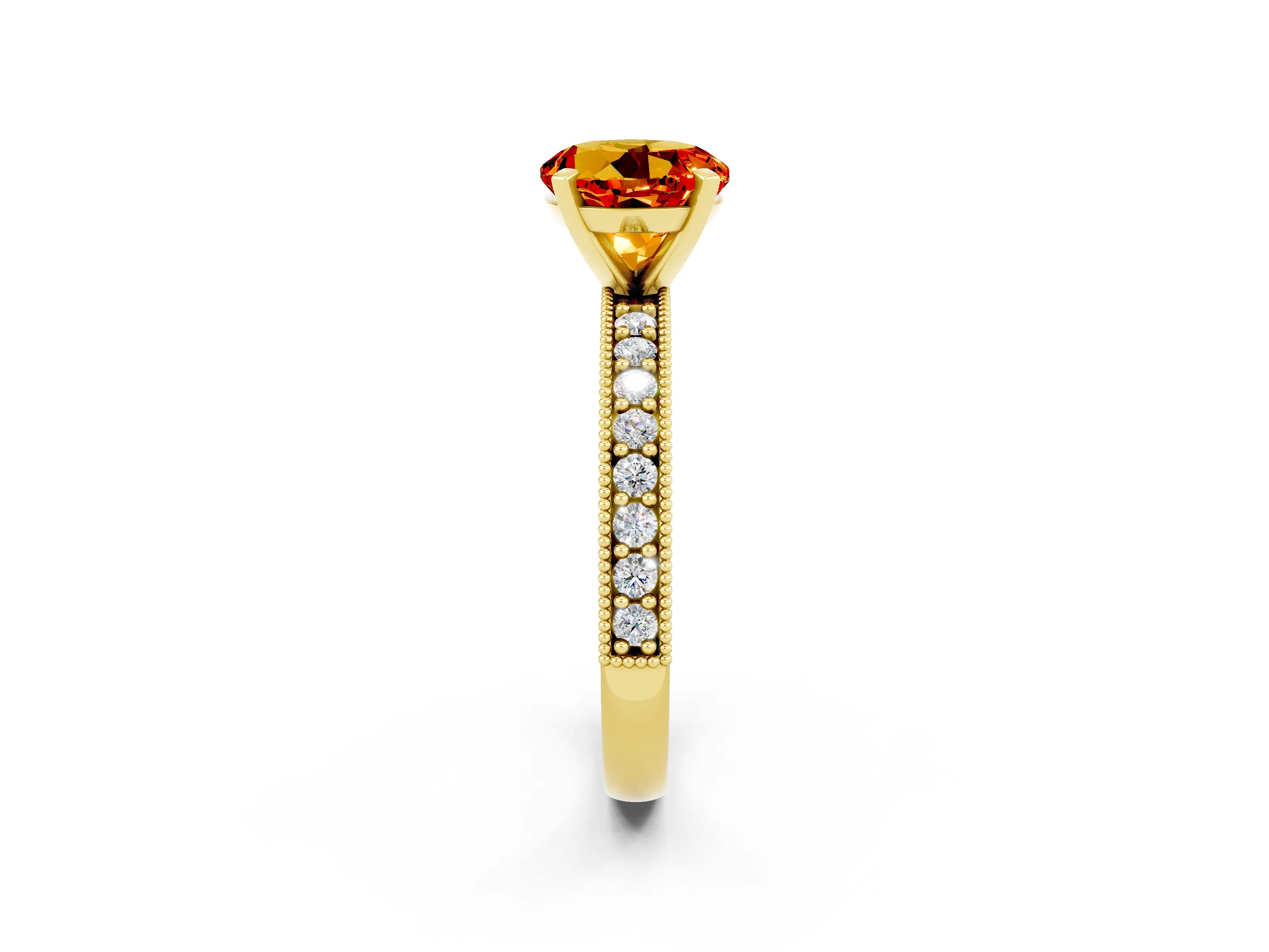 Yellow gold Round Cut Citrine Milgrain Pavé Engagement Ring with Four-Prong Setting_2