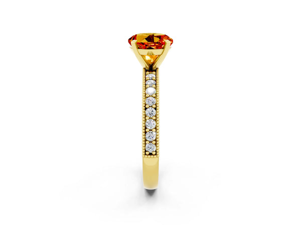 Yellow gold Round Cut Citrine Milgrain Pavé Engagement Ring with Four-Prong Setting
