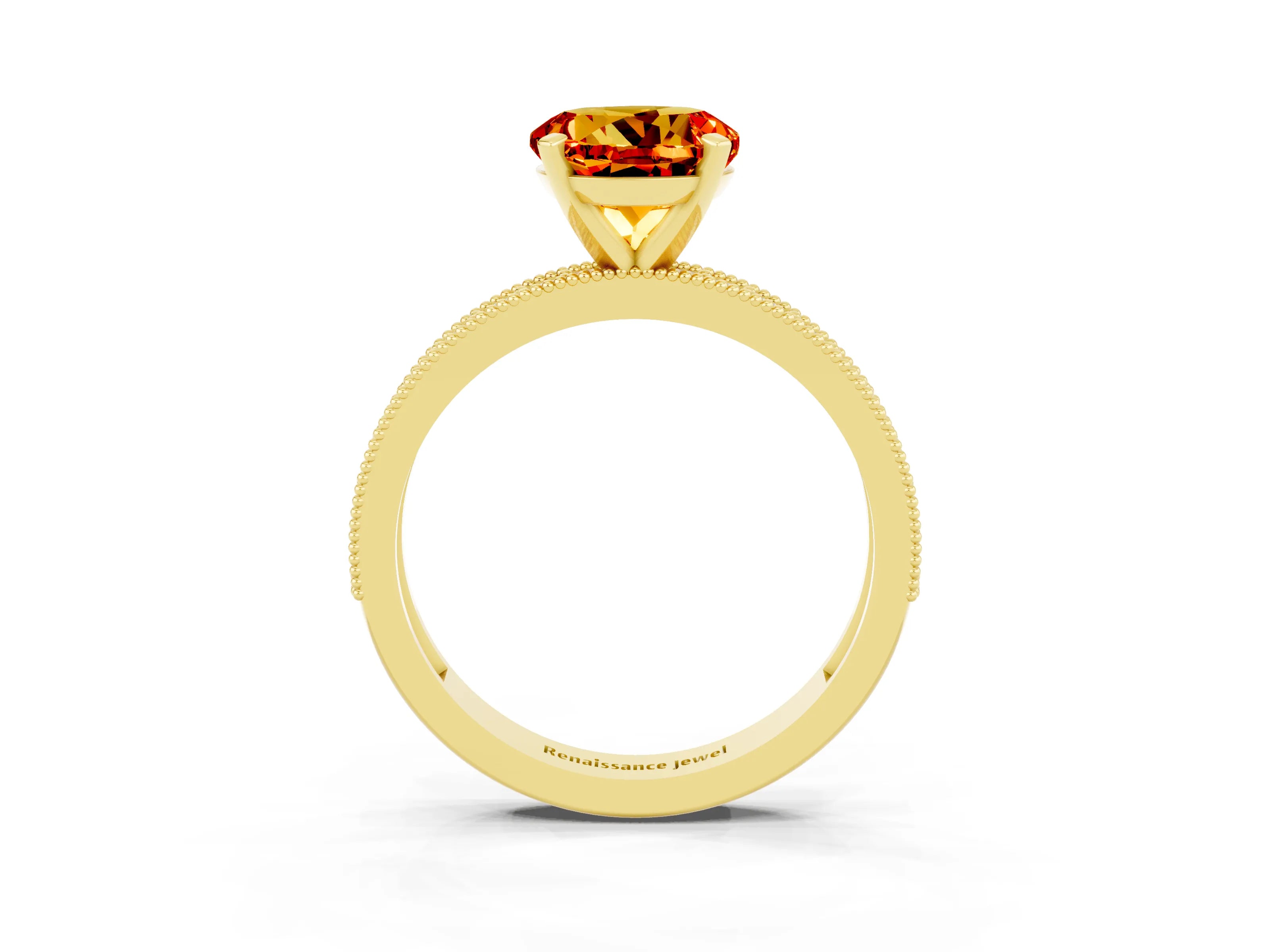 Yellow gold Round Cut Citrine Milgrain Pavé Engagement Ring with Four-Prong Setting_3
