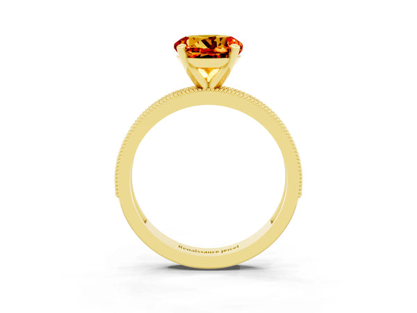 Yellow gold Round Cut Citrine Milgrain Pavé Engagement Ring with Four-Prong Setting