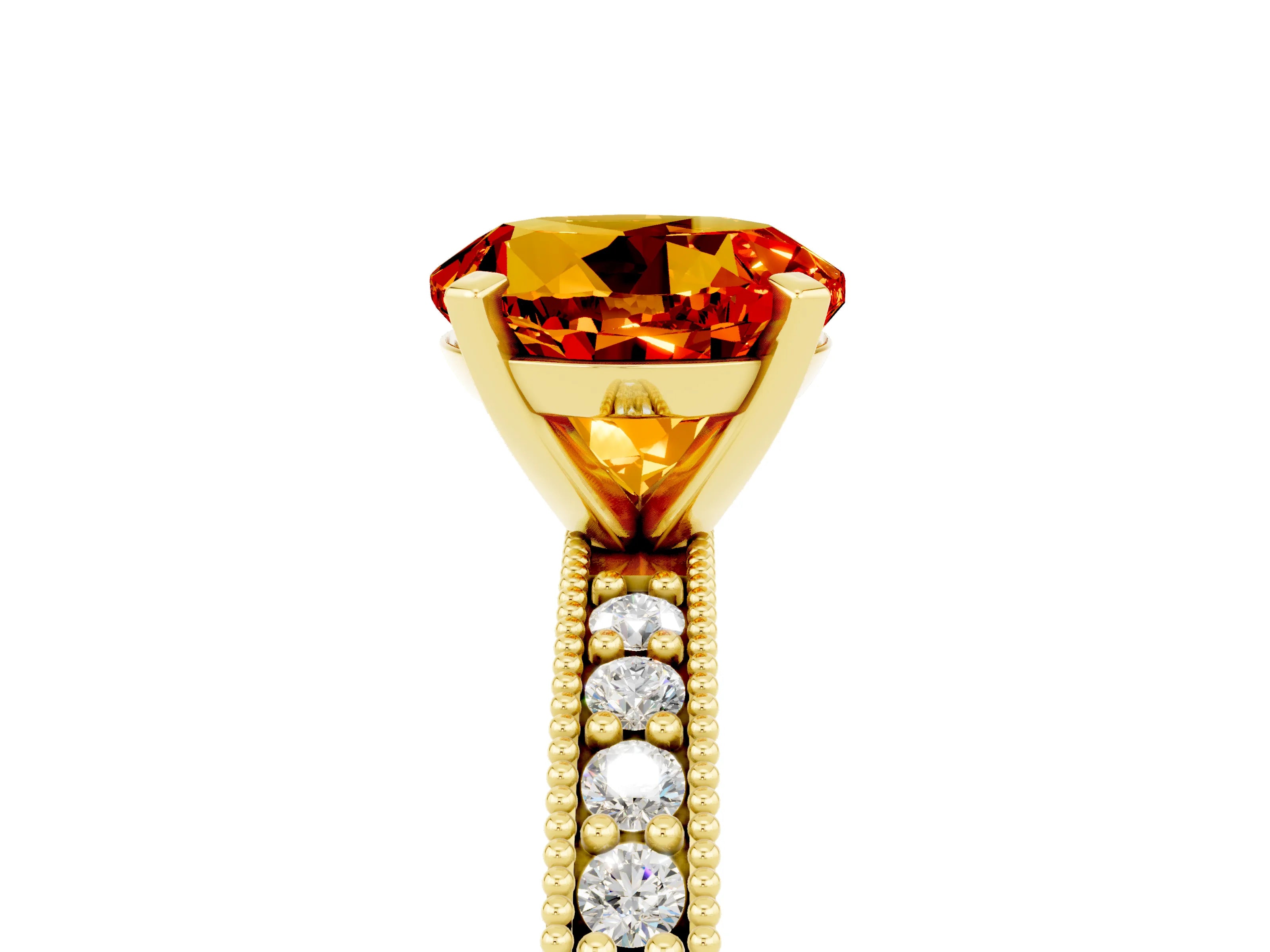 Yellow gold Round Cut Citrine Milgrain Pavé Engagement Ring with Four-Prong Setting_5