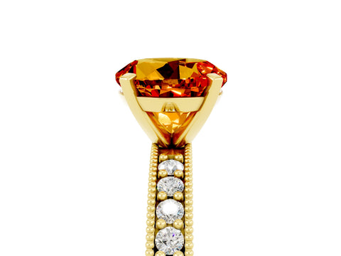 Yellow gold Round Cut Citrine Milgrain Pavé Engagement Ring with Four-Prong Setting_5