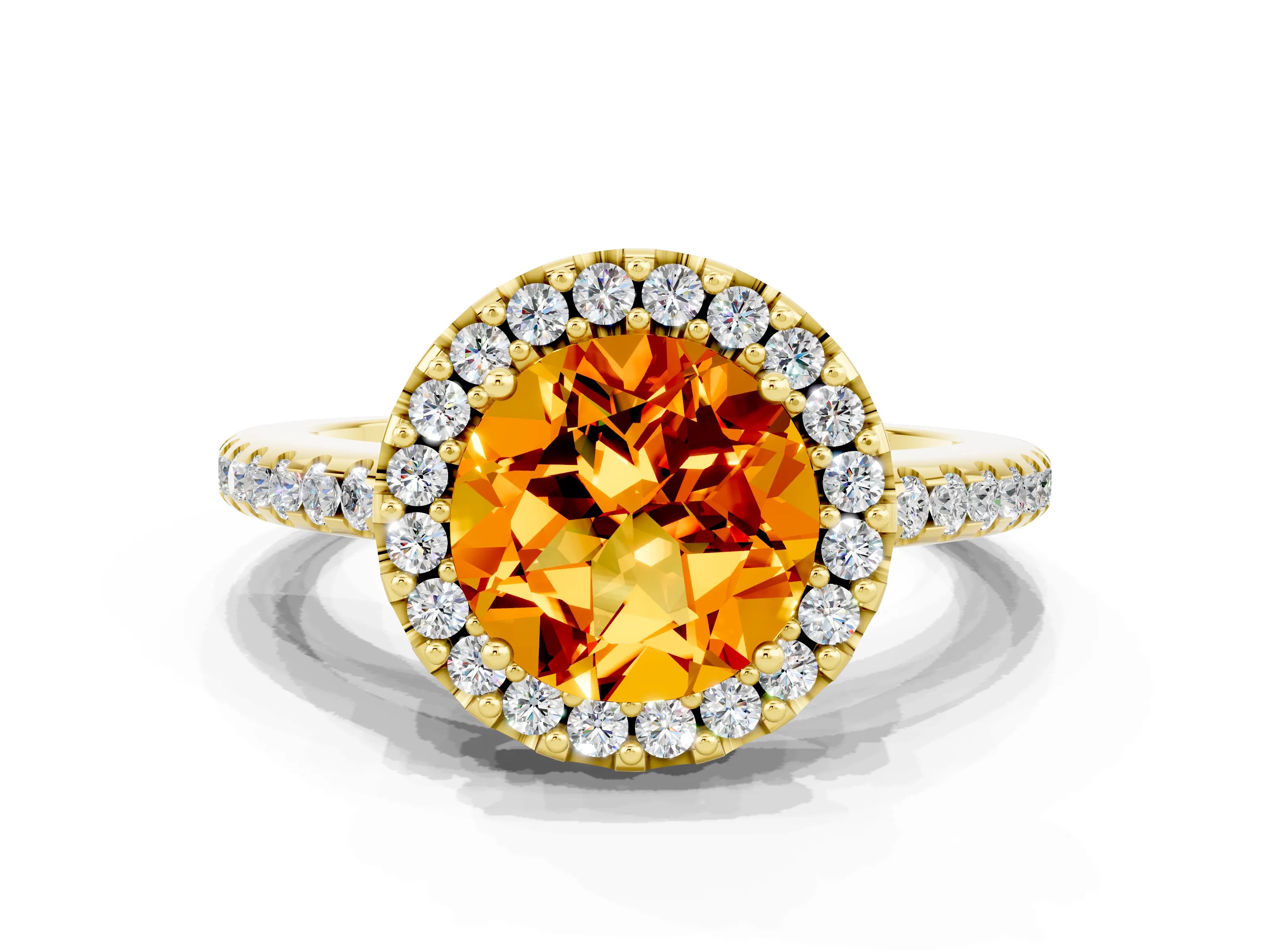 Yellow gold Round Cut Citrine Pavé Halo Ring with Four-Prong Setting_12