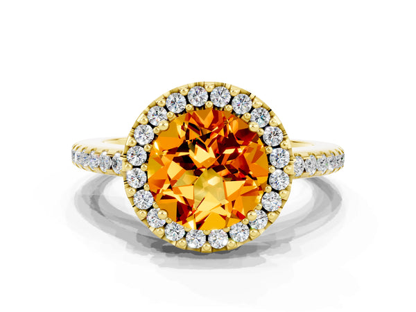 Yellow gold Round Cut Citrine Pavé Halo Ring with Four-Prong Setting