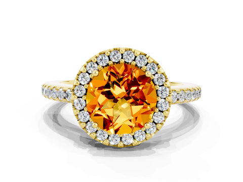 Yellow gold Round Cut Citrine Pavé Halo Ring with Four-Prong Setting_12
