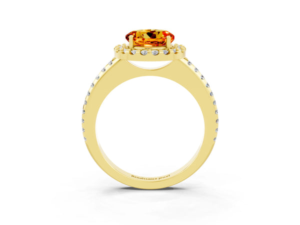 Yellow gold Round Cut Citrine Pavé Halo Ring with Four-Prong Setting
