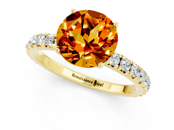Yellow gold Round Cut Citrine Pavé Solitaire Engagement Ring with Four-Prong Setting
