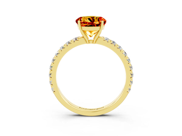 Yellow gold Round Cut Citrine Pavé Solitaire Engagement Ring with Four-Prong Setting