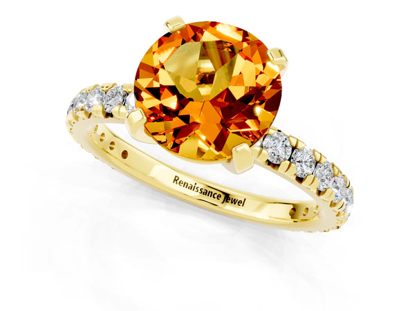 Yellow gold Round Cut Citrine Pavé Solitaire Ring with Round Band and Prong Setting