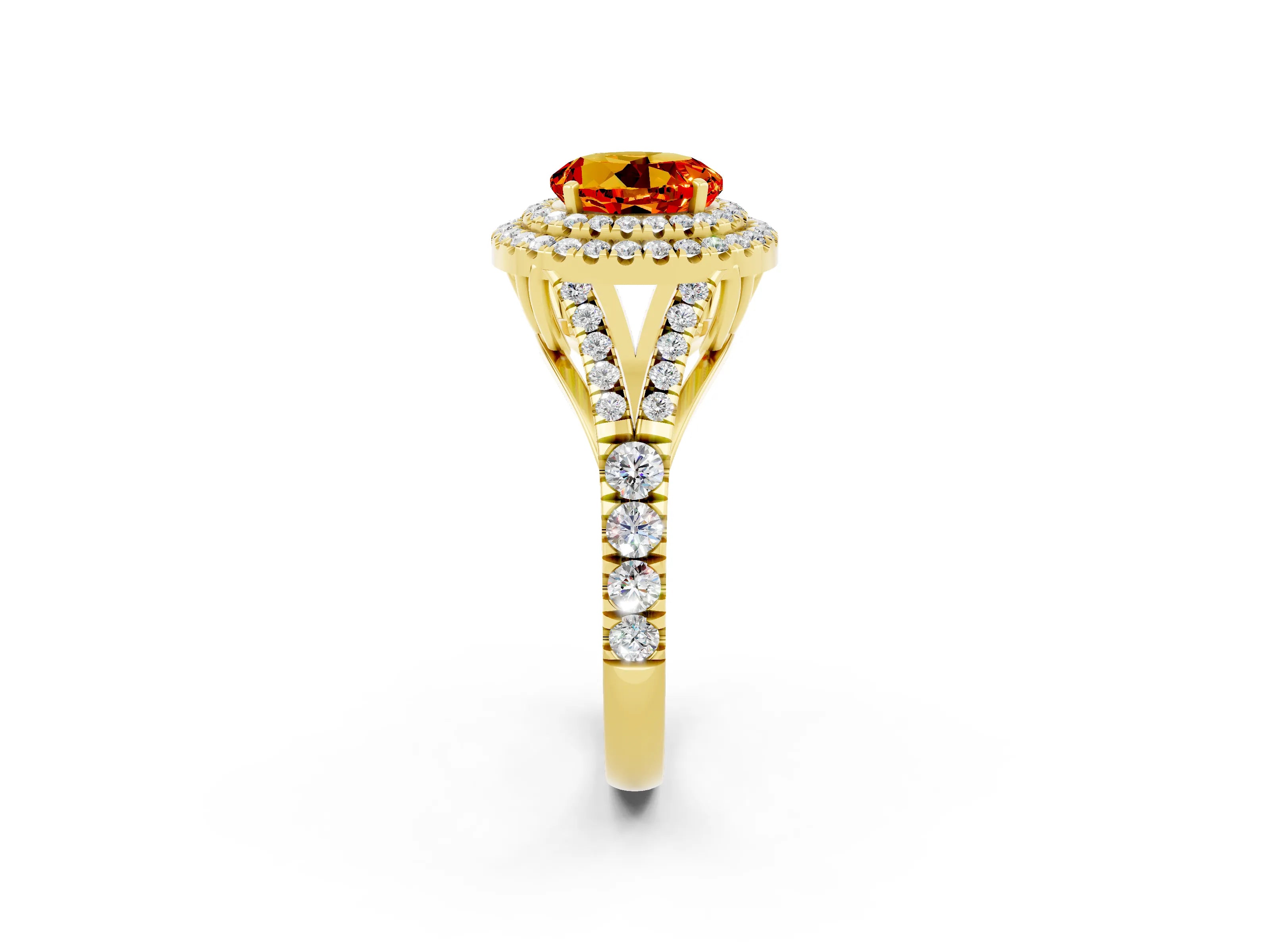 Yellow gold Round Cut Citrine Pavé Split Shank Double Halo Engagement Ring_2