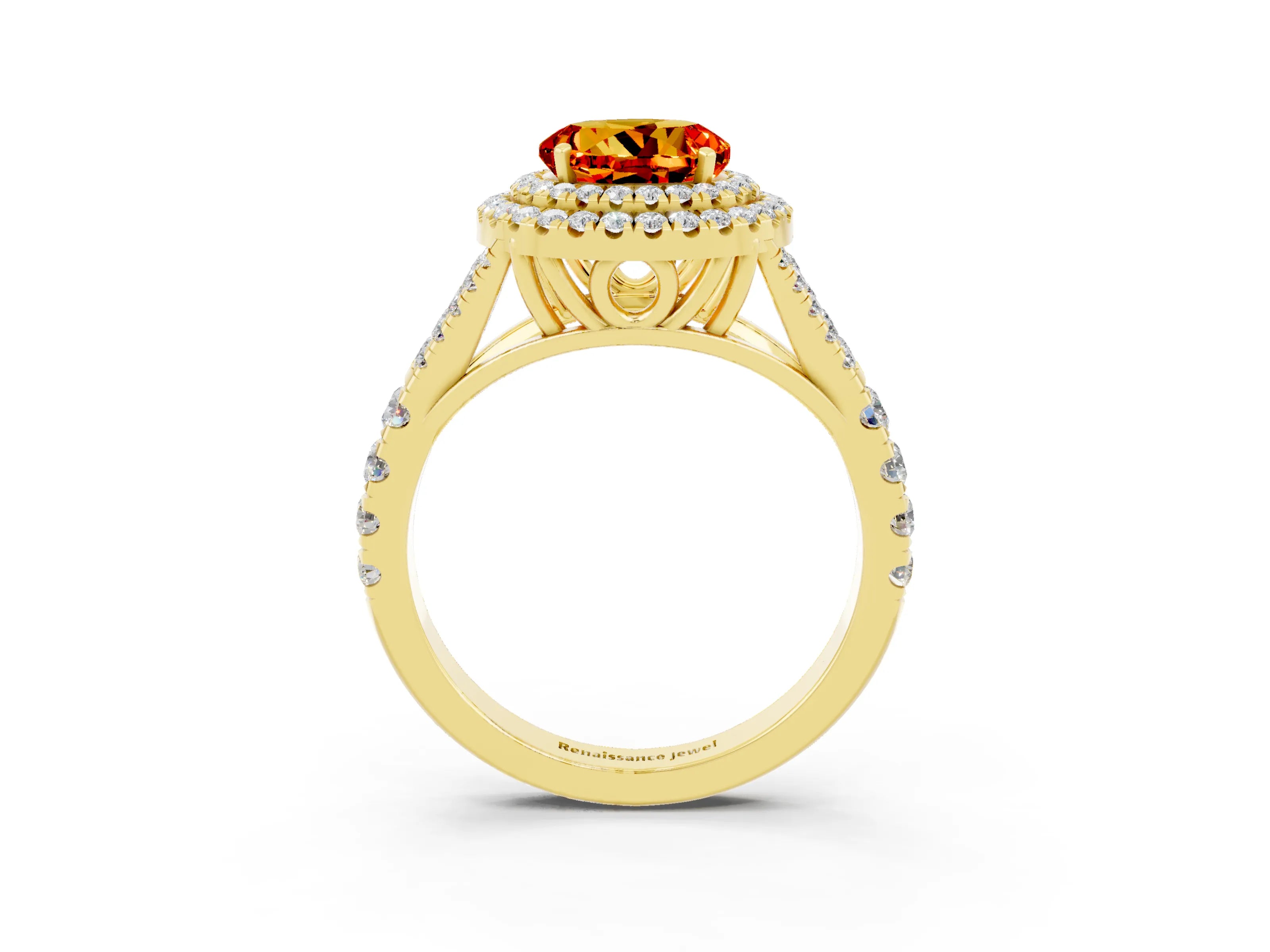 Yellow gold Round Cut Citrine Pavé Split Shank Double Halo Engagement Ring_3