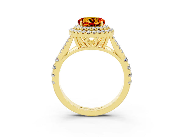 Yellow gold Round Cut Citrine Pavé Split Shank Double Halo Engagement Ring