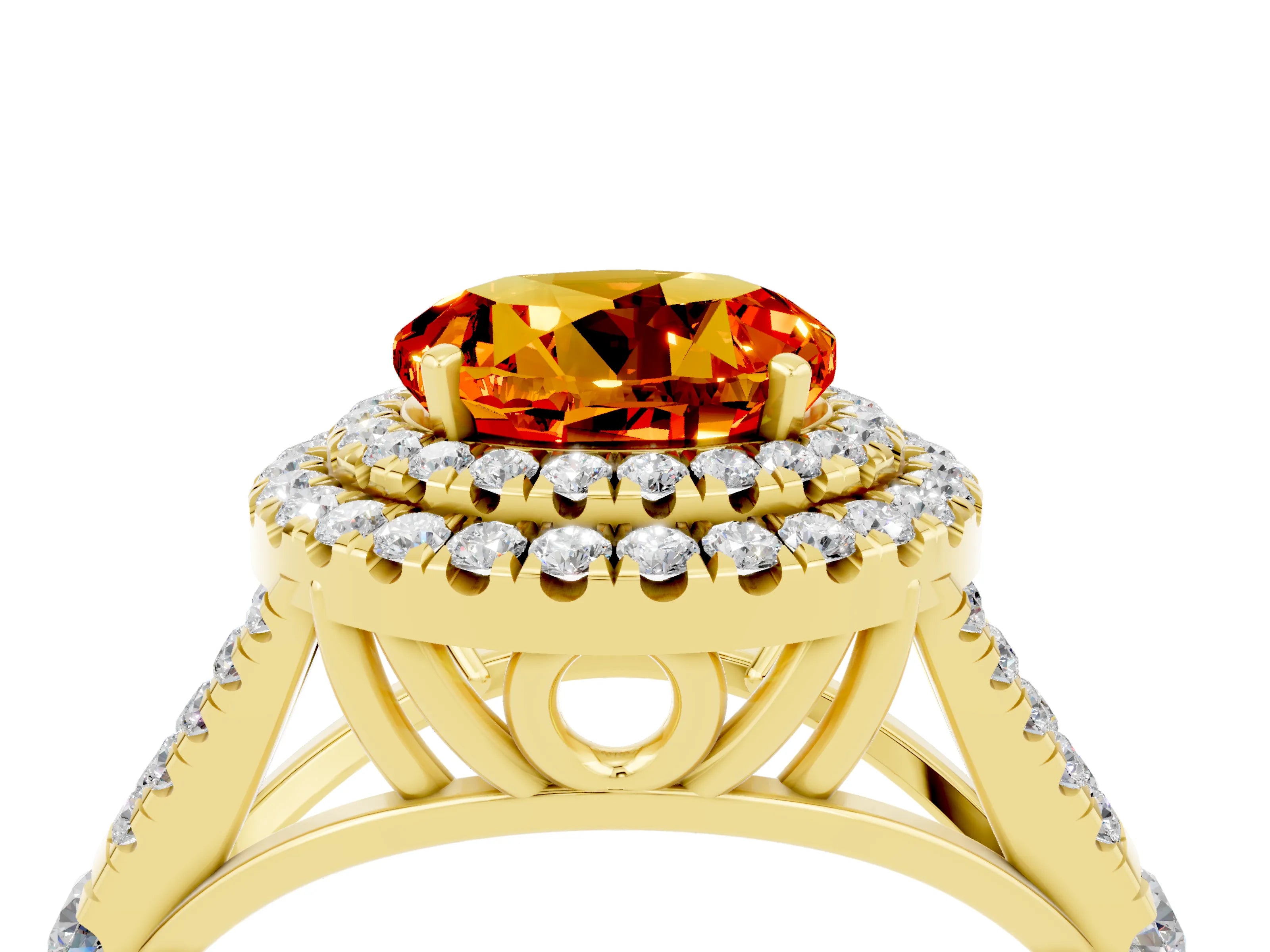 Yellow gold Round Cut Citrine Pavé Split Shank Double Halo Engagement Ring_4