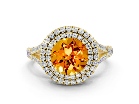 Yellow gold Round Cut Citrine Pavé Split Shank Double Halo Engagement Ring