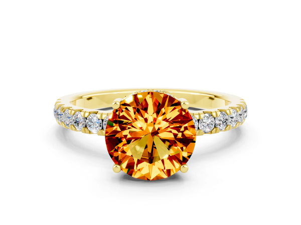 Yellow gold Round Cut Citrine Pave Band Solitaire Ring with Round  and Prong Setting