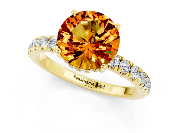 Yellow gold Round Cut Citrine Pave Band Solitaire Ring with Round  and Prong Setting