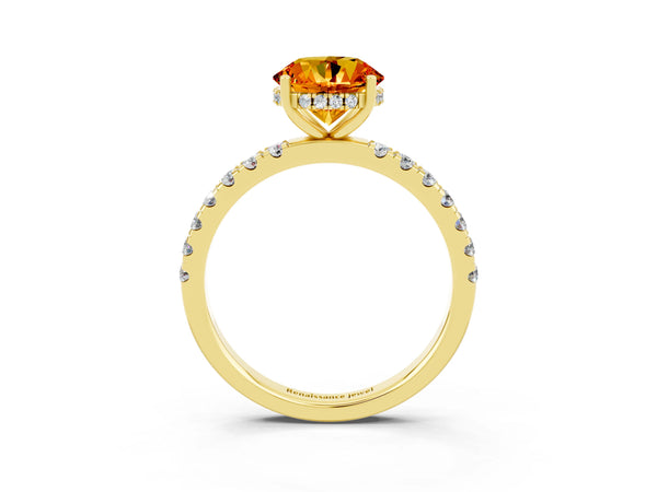 Yellow gold Round Cut Citrine Pave Band Solitaire Ring with Round  and Prong Setting