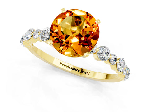 Yellow gold Round Cut Citrine Prong Set Engagement Ring with Pavé Band_1