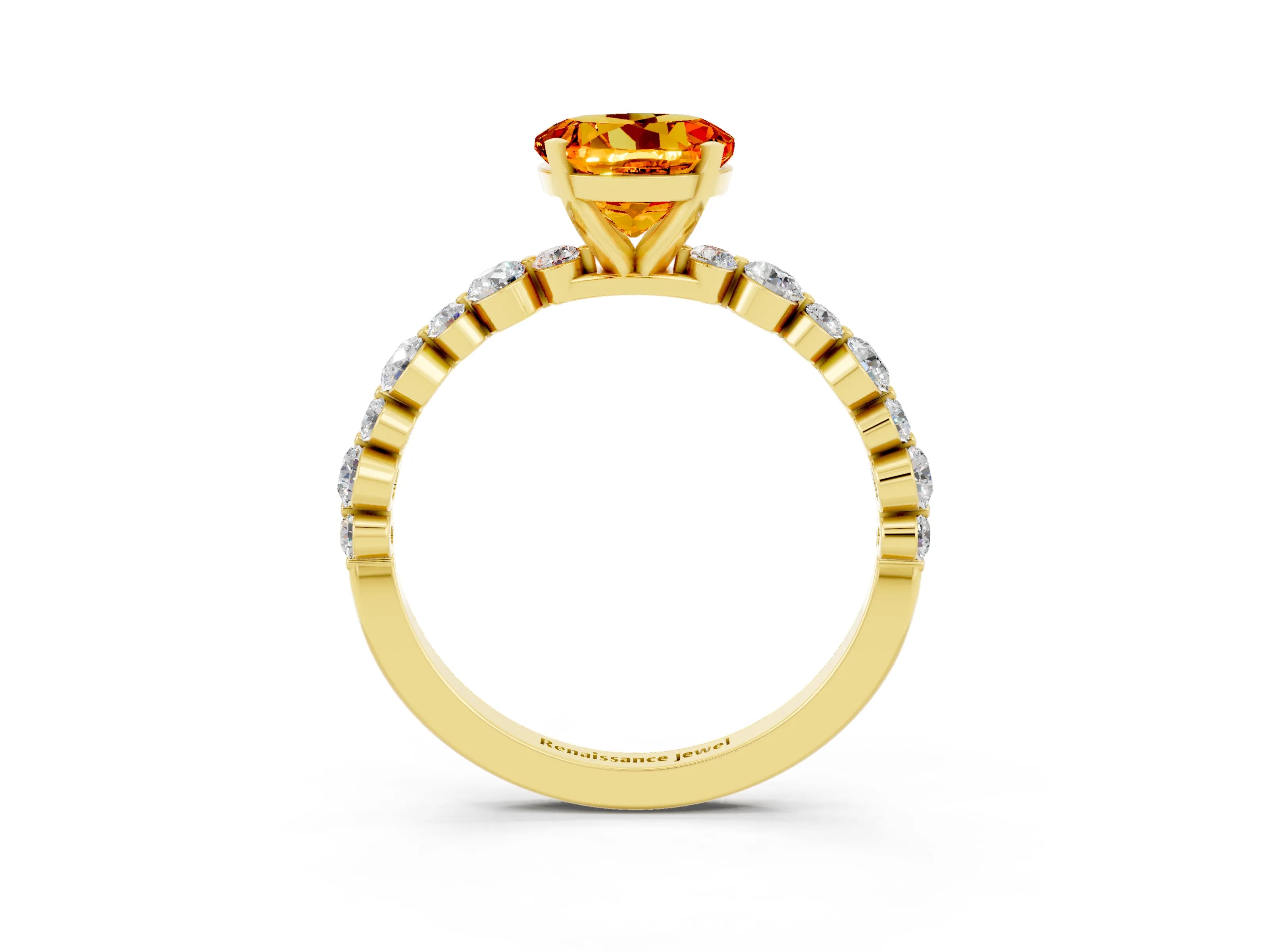 Yellow gold Round Cut Citrine Prong Set Engagement Ring with Pavé Band_3