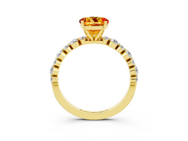 Yellow gold Round Cut Citrine Prong Set Engagement Ring with Pavé Band