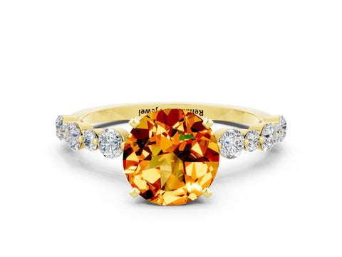 Yellow gold Round Cut Citrine Prong Set Engagement Ring with Pavé Band