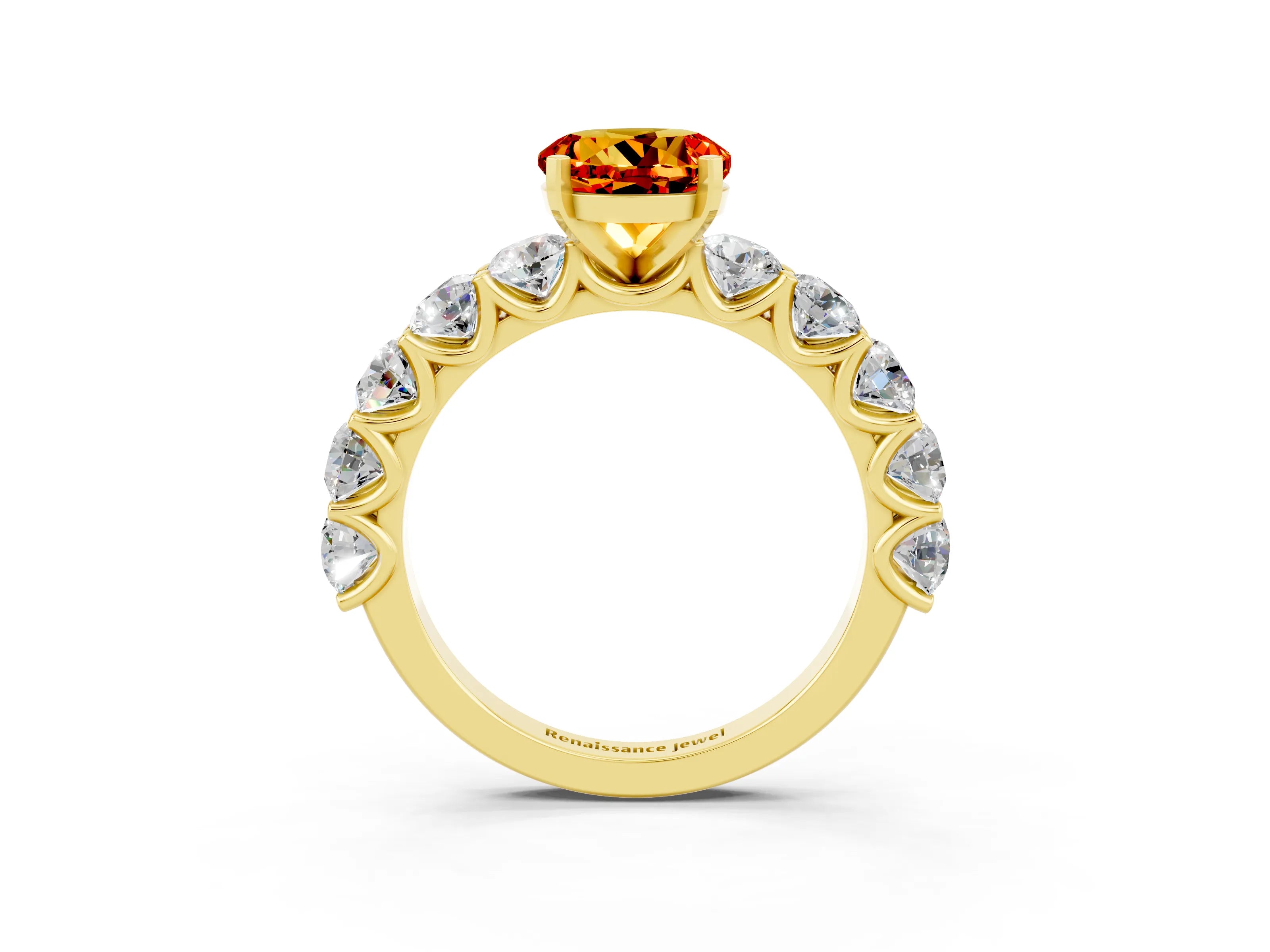 Yellow gold Round Cut Citrine Prong Setting with Side Stones on a Pave Band_3
