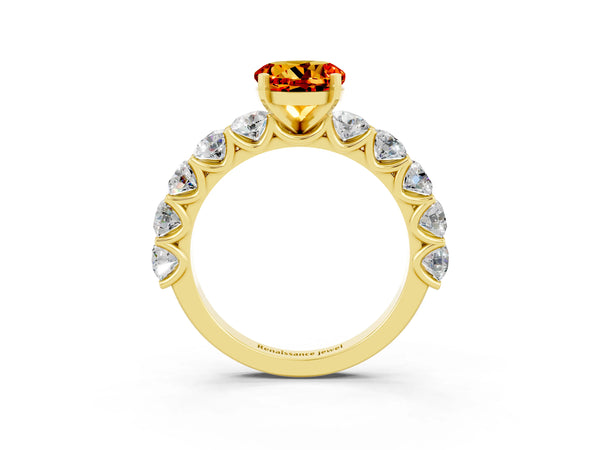 Yellow gold Round Cut Citrine Prong Setting with Side Stones on a Pave Band