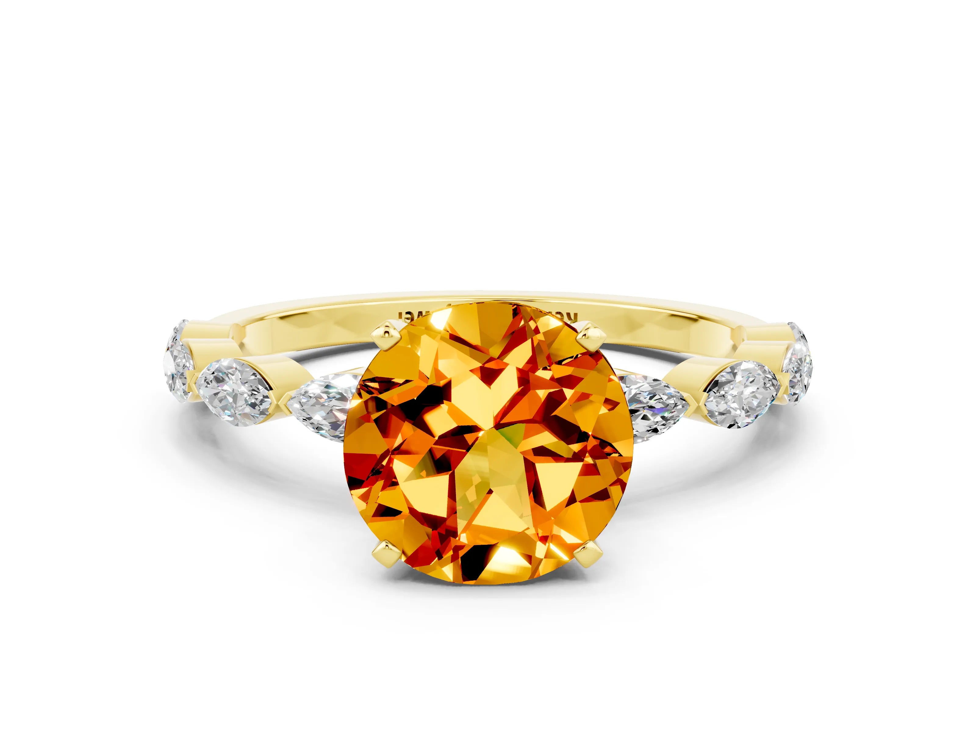 Yellow gold Round Cut Citrine Ring with Marquise Side Stones and Prong Setting